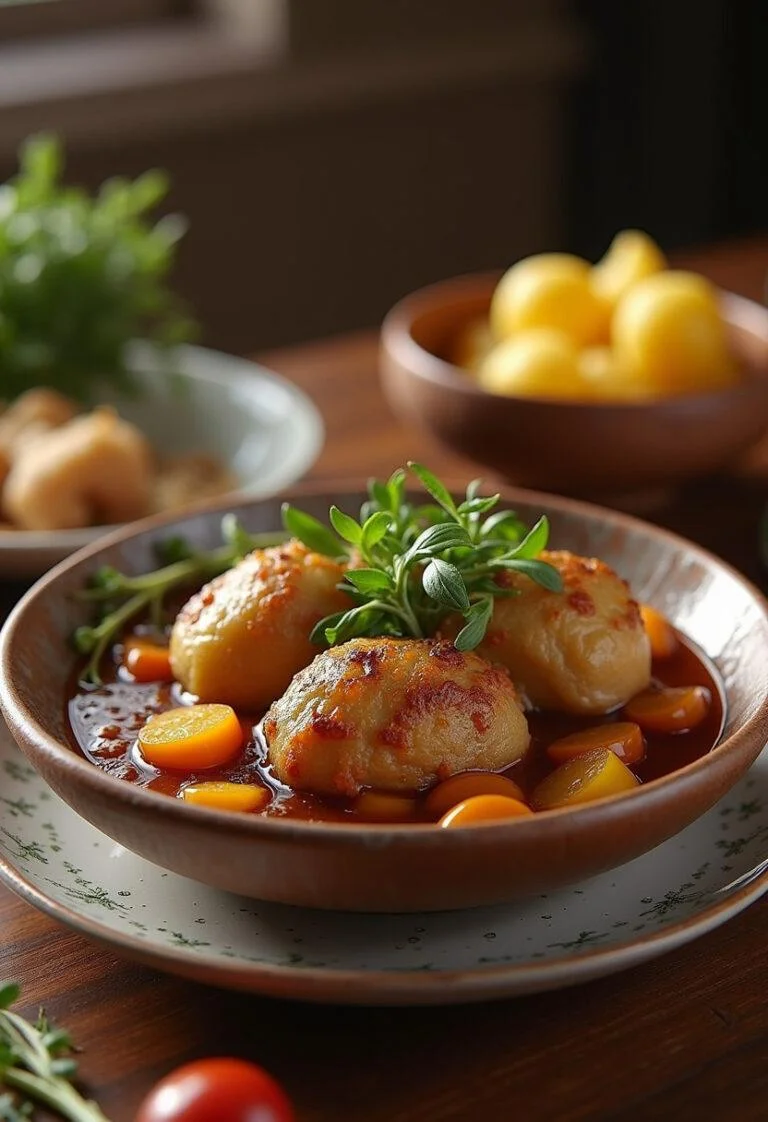Final presentation of Chanfana de Cabra Intensa with boiled potatoes, ideal for a hearty meal.