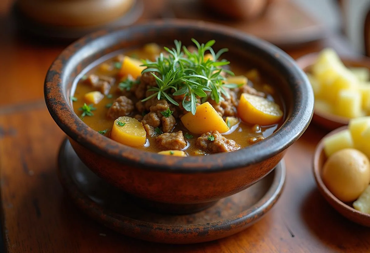Apresentação final da Chanfana de Cabra Intensa com batatas cozidas, ideal para uma refeição farta.