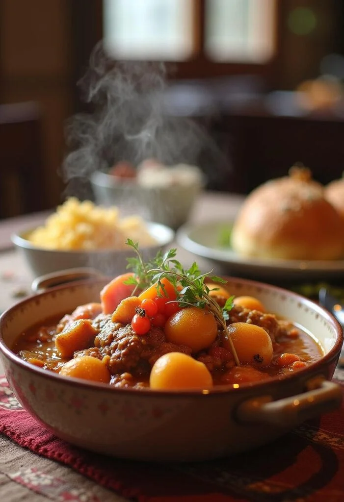 Cozido à Portuguesa autêntico servido em uma mesa festiva, cheio de sabor e tradição.
