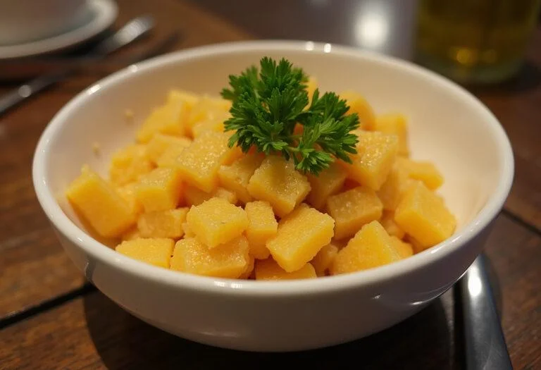 Farofa de abacaxi com coco pronta, decorada com salsa fresca, perfeita para acompanhar pratos brasileiros.