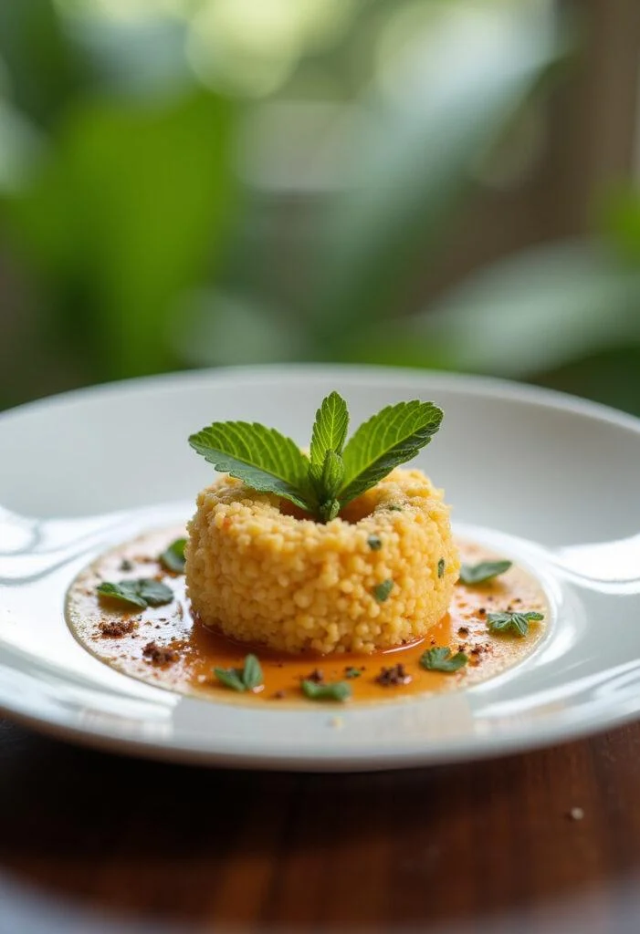 Farofa de abacaxi com coco finalizada, enfeitada com folhas de hortelã, perfeita para uma refeição tropical.