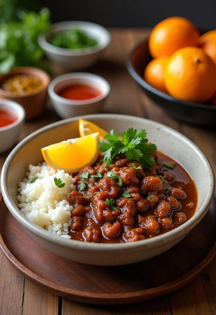 Feijoada à Transmontana Robusta servida com arroz e laranjas, perfeita para uma refeição reconfortante.