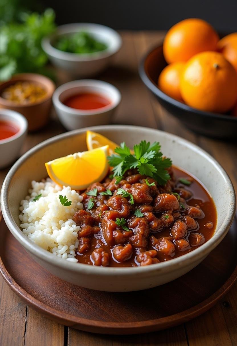 Feijoada à Transmontana Robusta servida com arroz e laranjas, perfeita para uma refeição reconfortante.