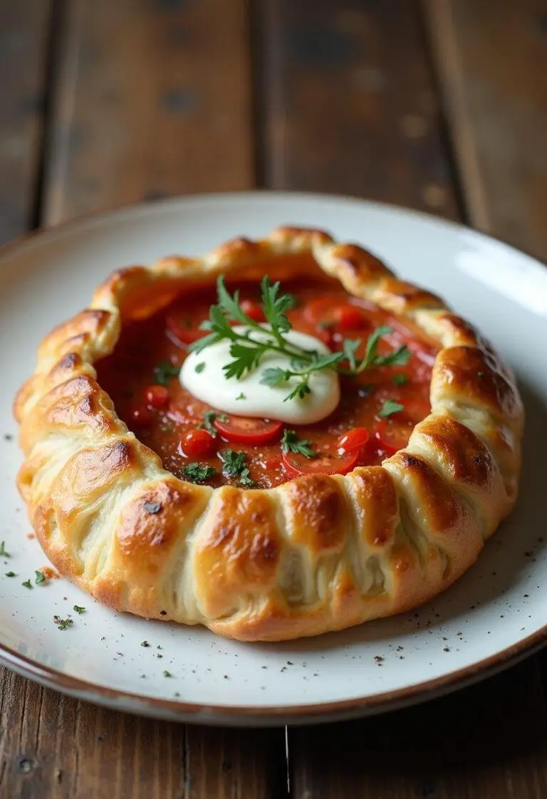 Folhado de tomate com calabresa e queijo finalizado, pronto para servir em uma mesa rĂșstica.