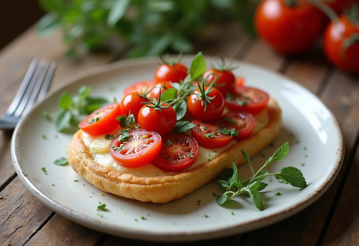 Folhado de tomate com calabresa e queijo finalizado, pronto para servir em uma mesa rĂșstica.