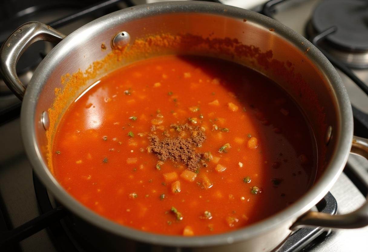 Molho de tomate e cerveja cozinhando para a Francesinha Explosiva.