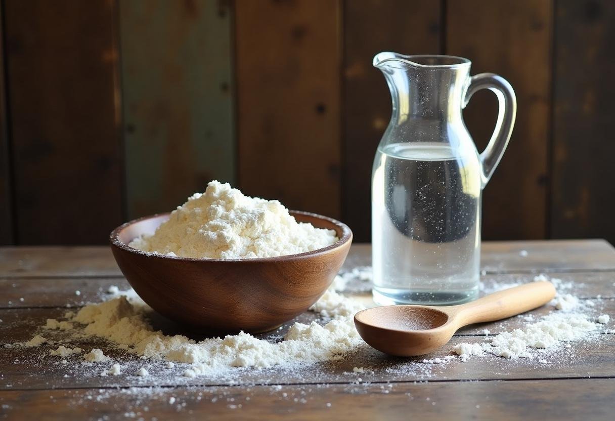 Preparando a massa do Pão Alentejano Autêntico com farinha e água morna.