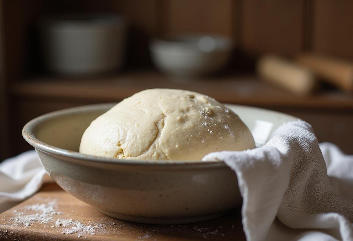 Massa do Pão Alentejano Autêntico descansando coberta na cozinha.