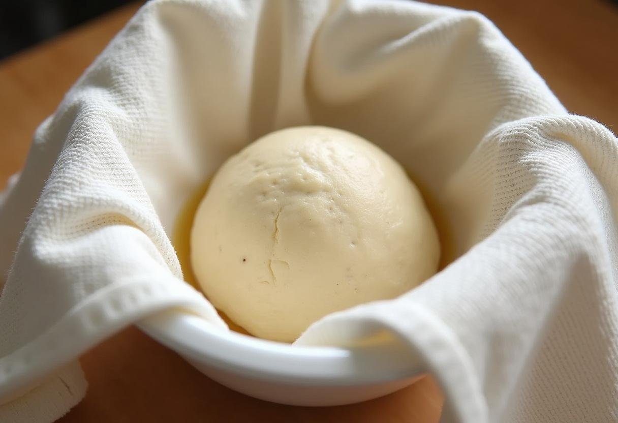 Massa de pão descansando e crescendo em uma tigela untada.