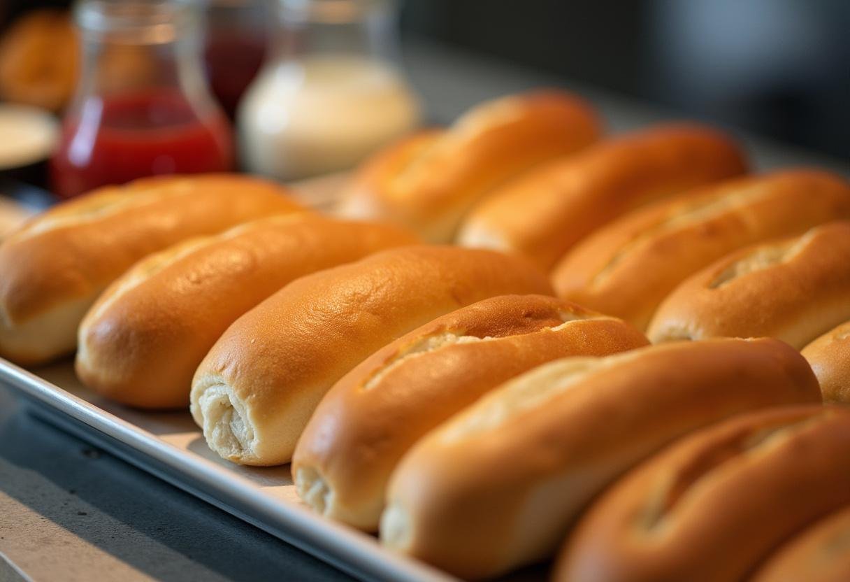 Pães de cachorro-quente caseiros e fofinhos prontos para servir com acompanhamentos.