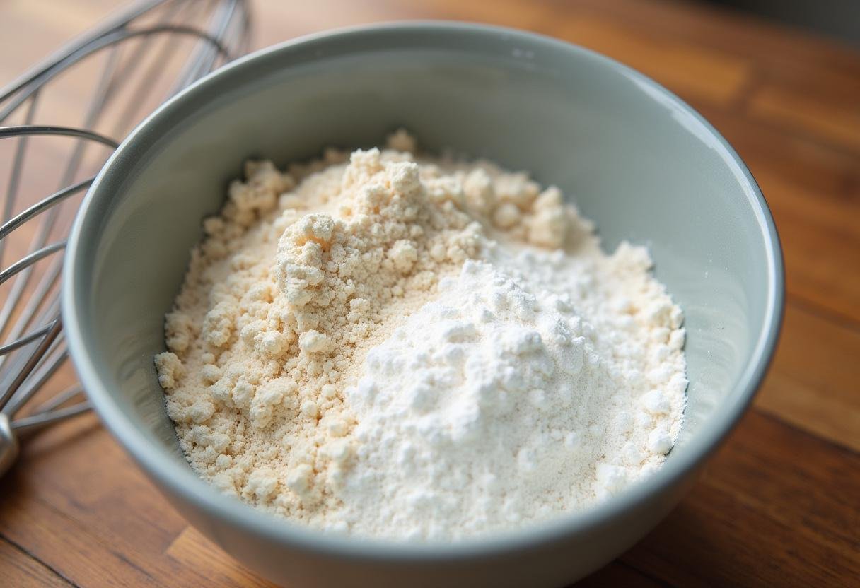 Mistura seca de farinha, açúcar e fermento para pão de maracujá com coco.
