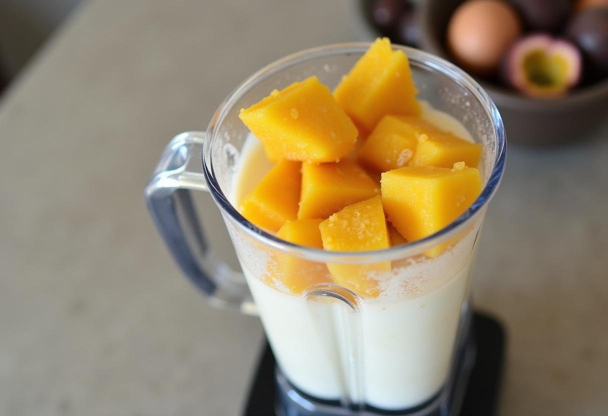 Liquidificador com polpa de maracujá e leite de coco para a massa do pão.