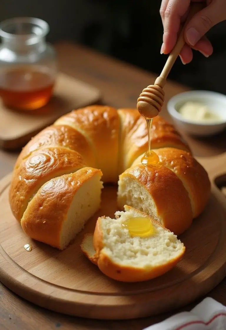 Pão doce e amanteigado acabado de assar, perfeito para servir com mel e pimenta.