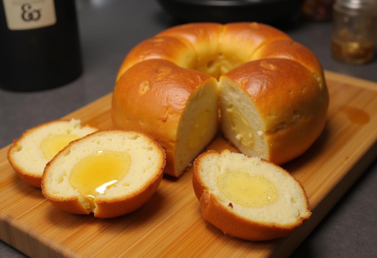 Pão doce e amanteigado acabado de assar, perfeito para servir com mel e pimenta.