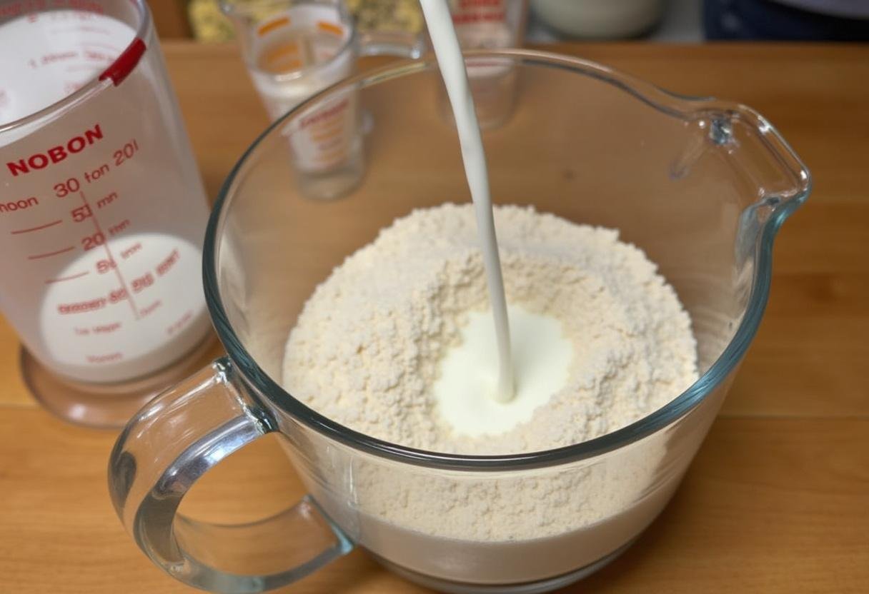Leite morno sendo adicionado à mistura seca do pão doce e amanteigado sem sova.