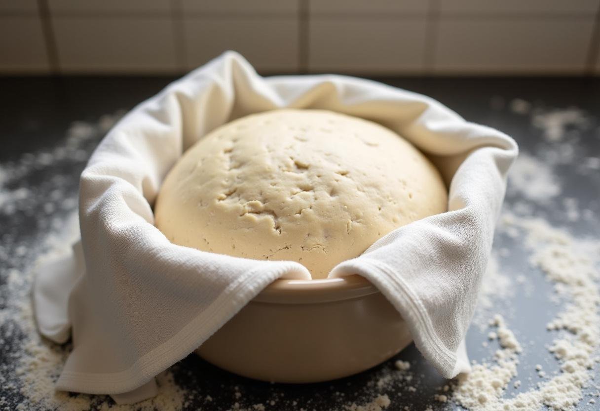 Massa do pão doce e amanteigado repousando, coberta com um pano de prato na bancada da cozinha.