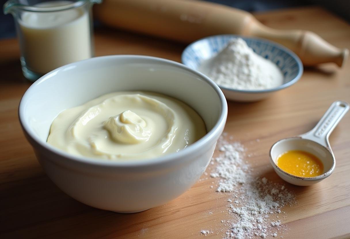 Ingredientes para massa de pãozinho de iogurte em cima de uma mesa de madeira.