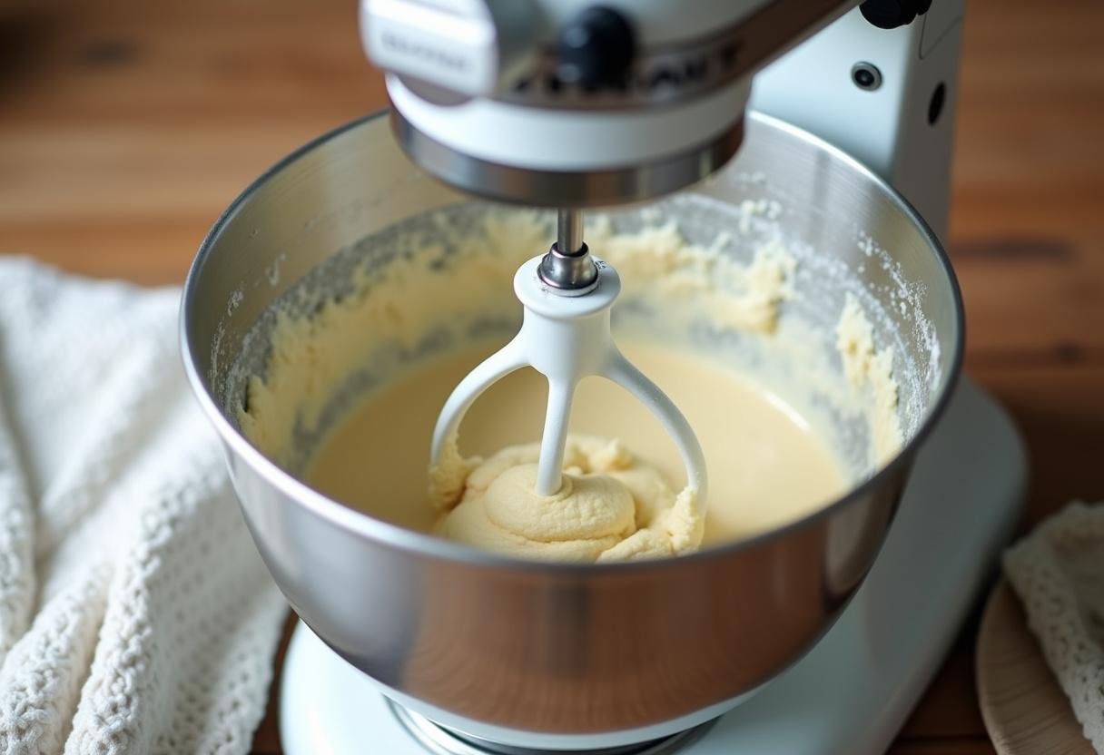 Massa de pãozinho de iogurte sendo sovada em uma batedeira.
