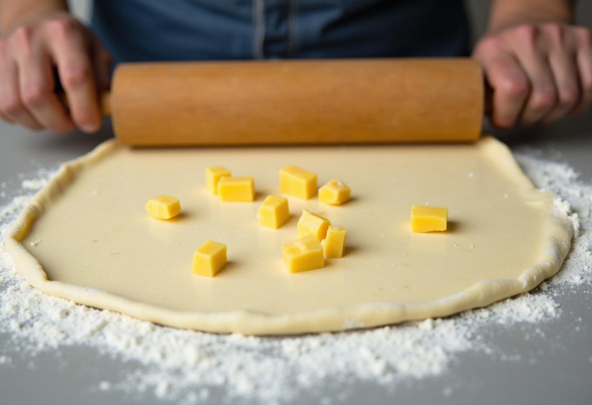 Massa sendo aberta com rolo para rechear com queijo e goiabada.