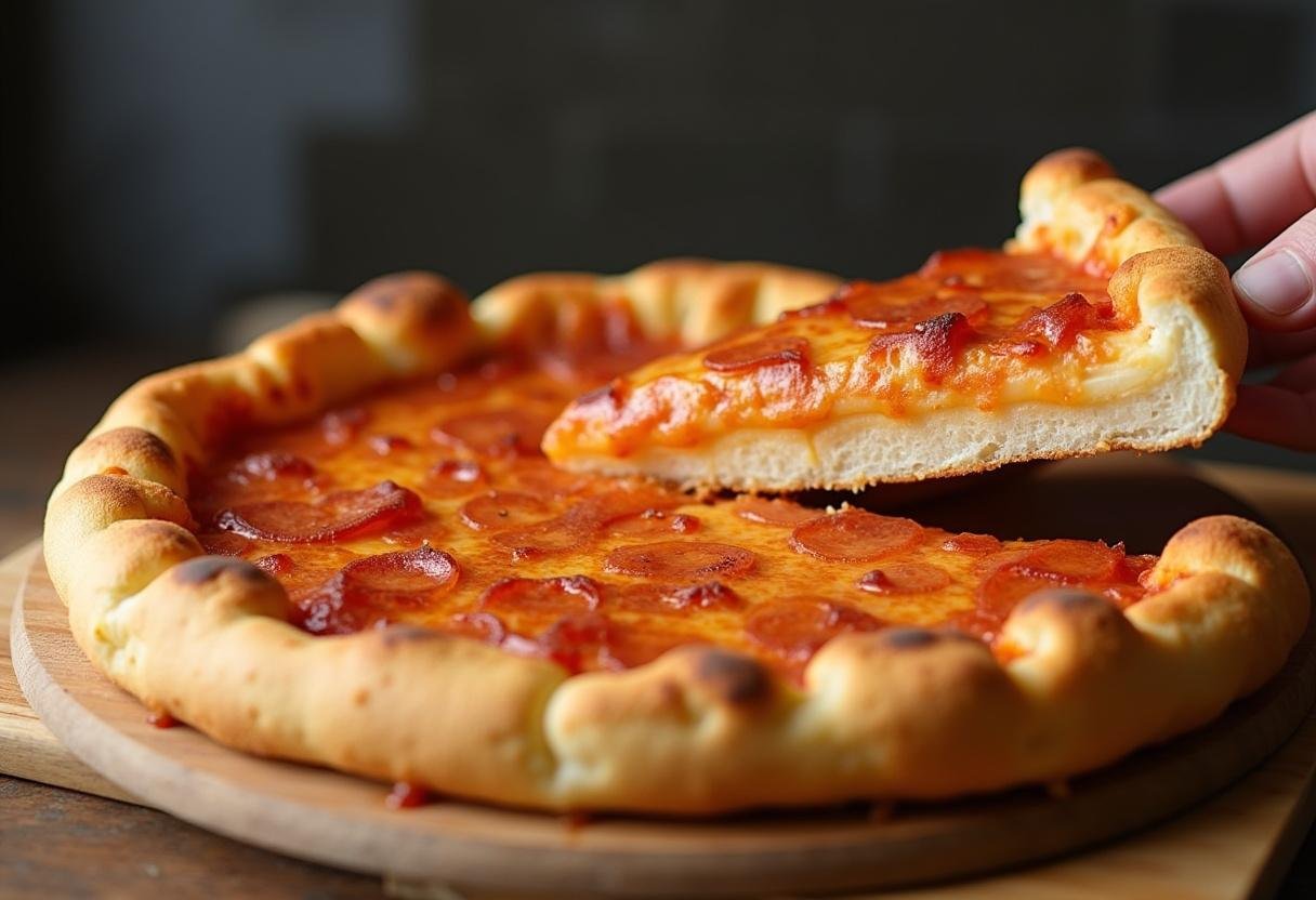 Pizza ao estilo de Detroit perfeitamente assada com crosta fofa, ideal para saborear.