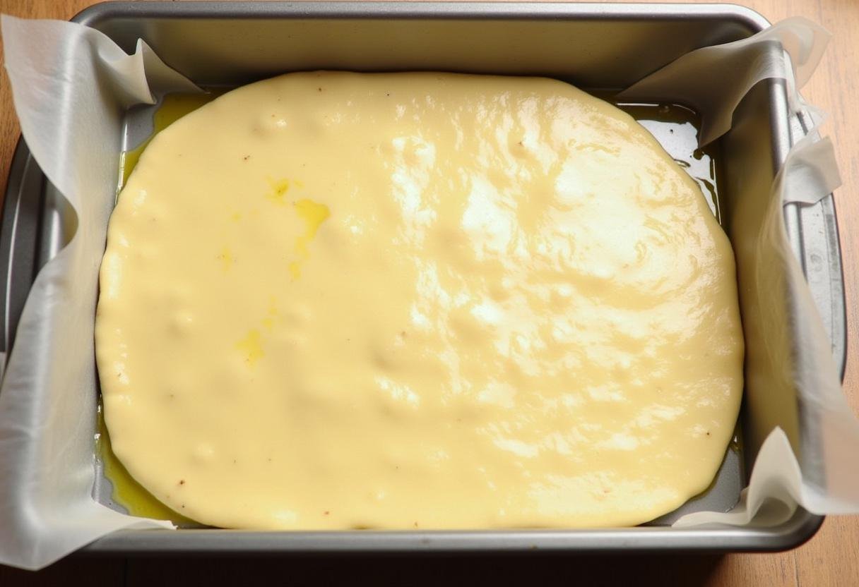 Espalhando a massa da pizza ao estilo de Detroit em uma forma retangular untada com azeite.