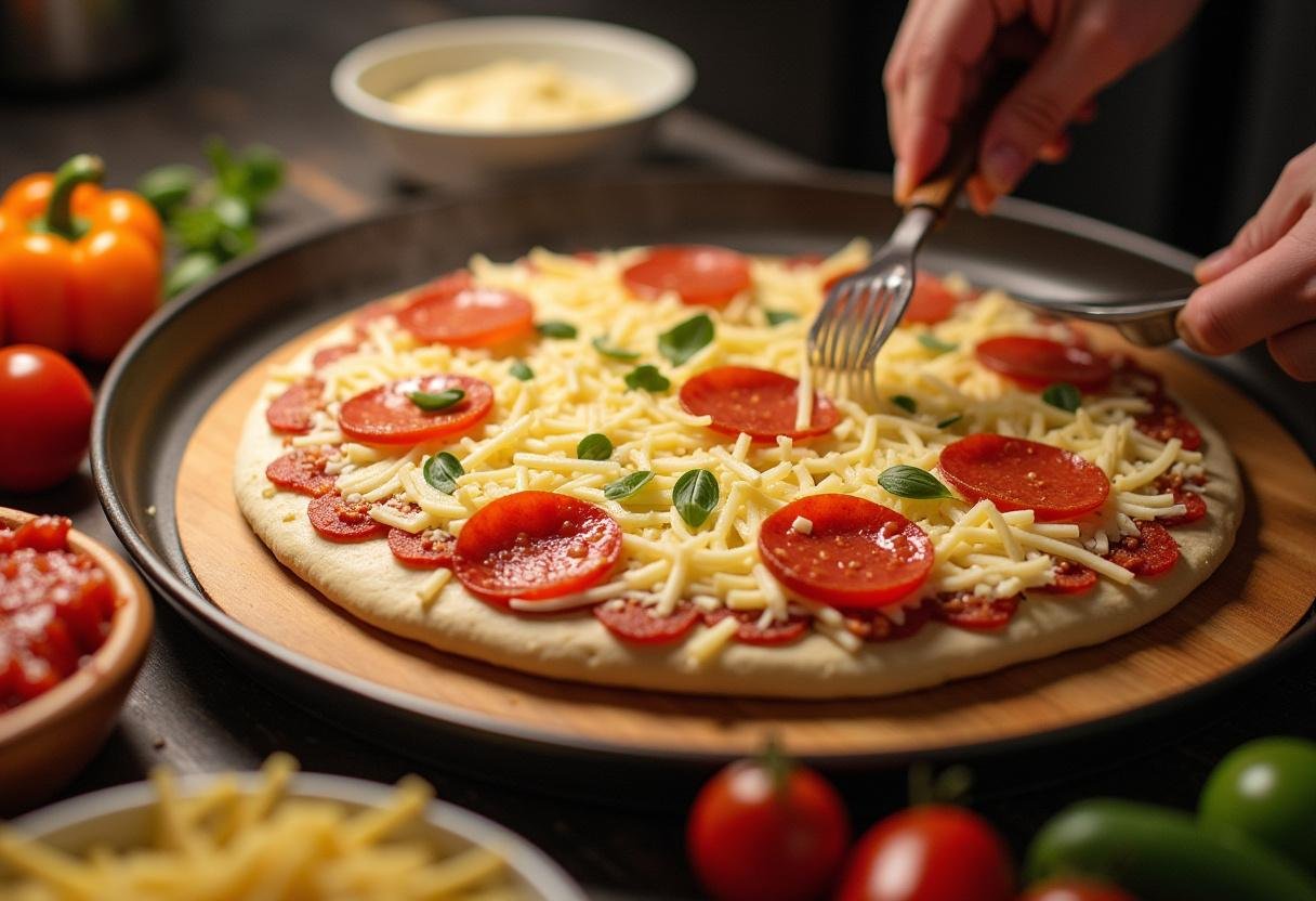 Adicionando queijo e coberturas na pizza ao estilo de Detroit antes de assar.