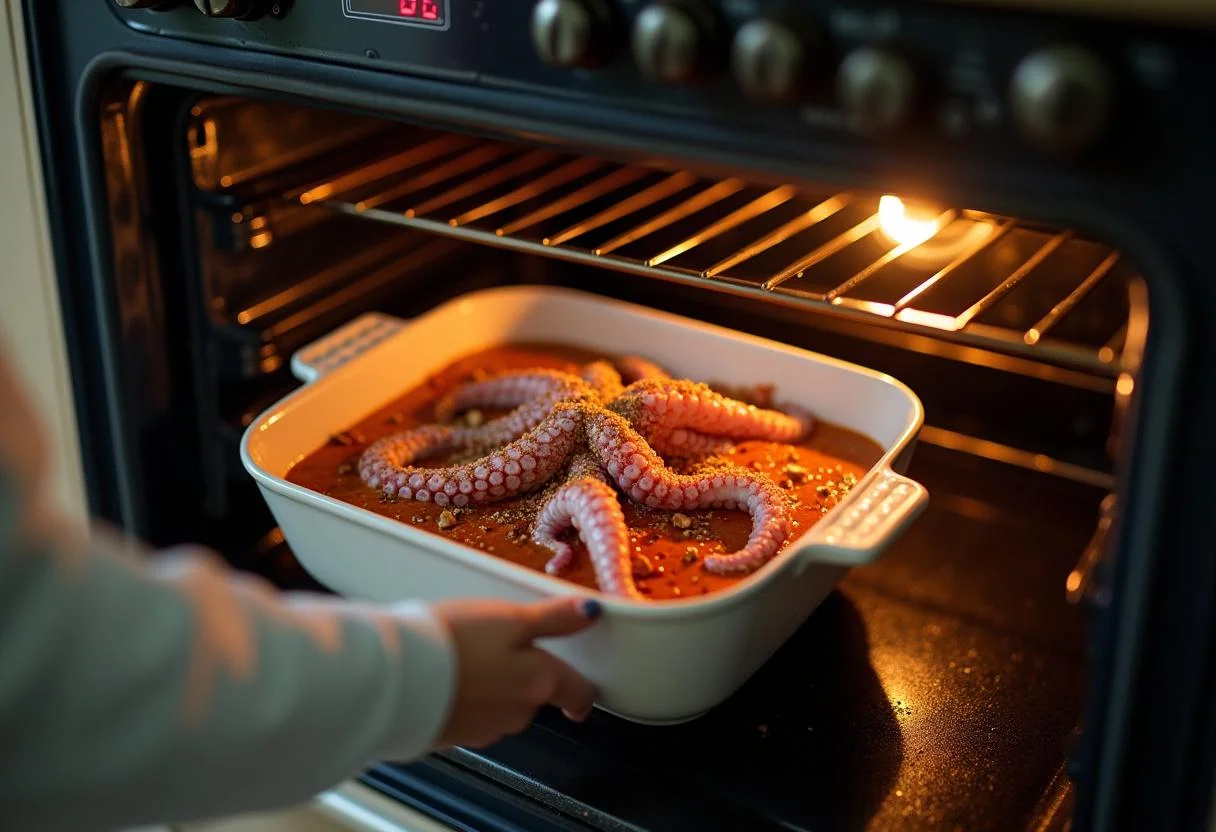Prato de polvo à lagareiro sendo colocado no forno para assar.