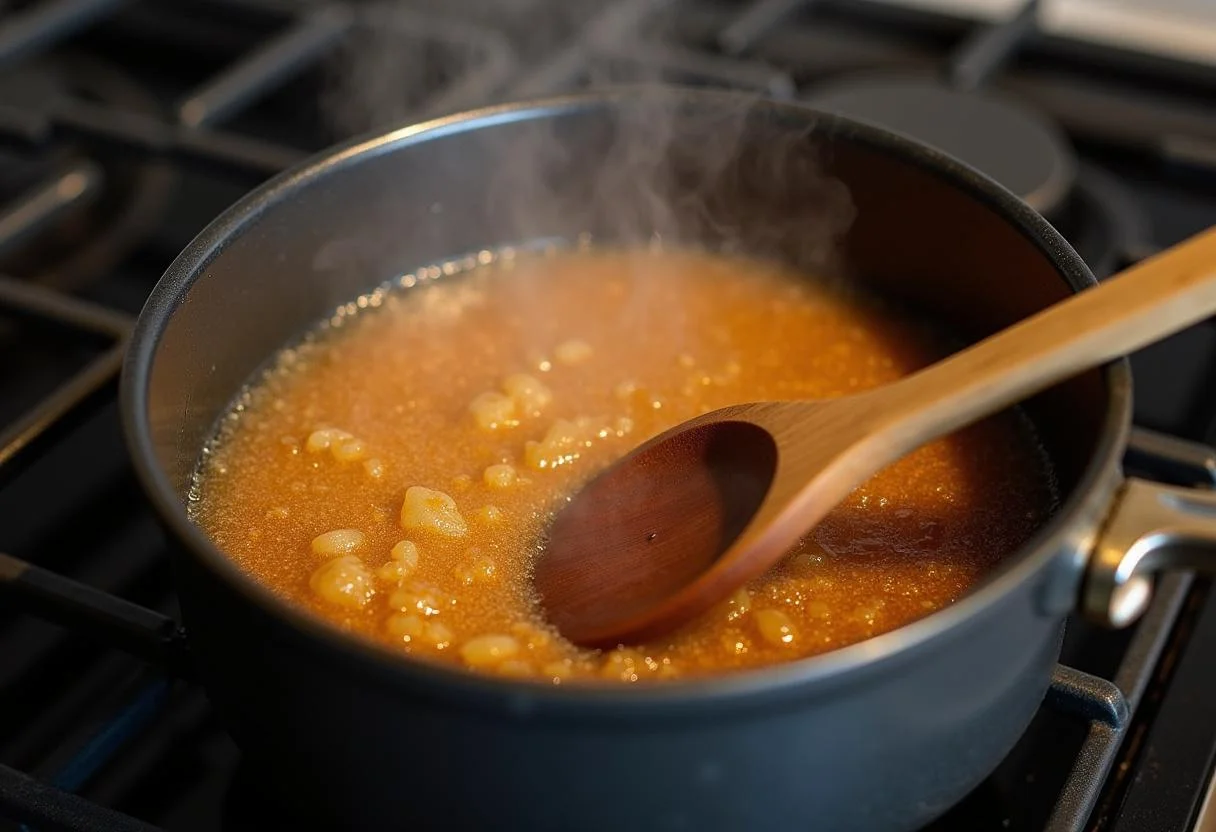 Caramelizando o açúcar numa panela para Pudim Abade de Priscos Sofisticado.