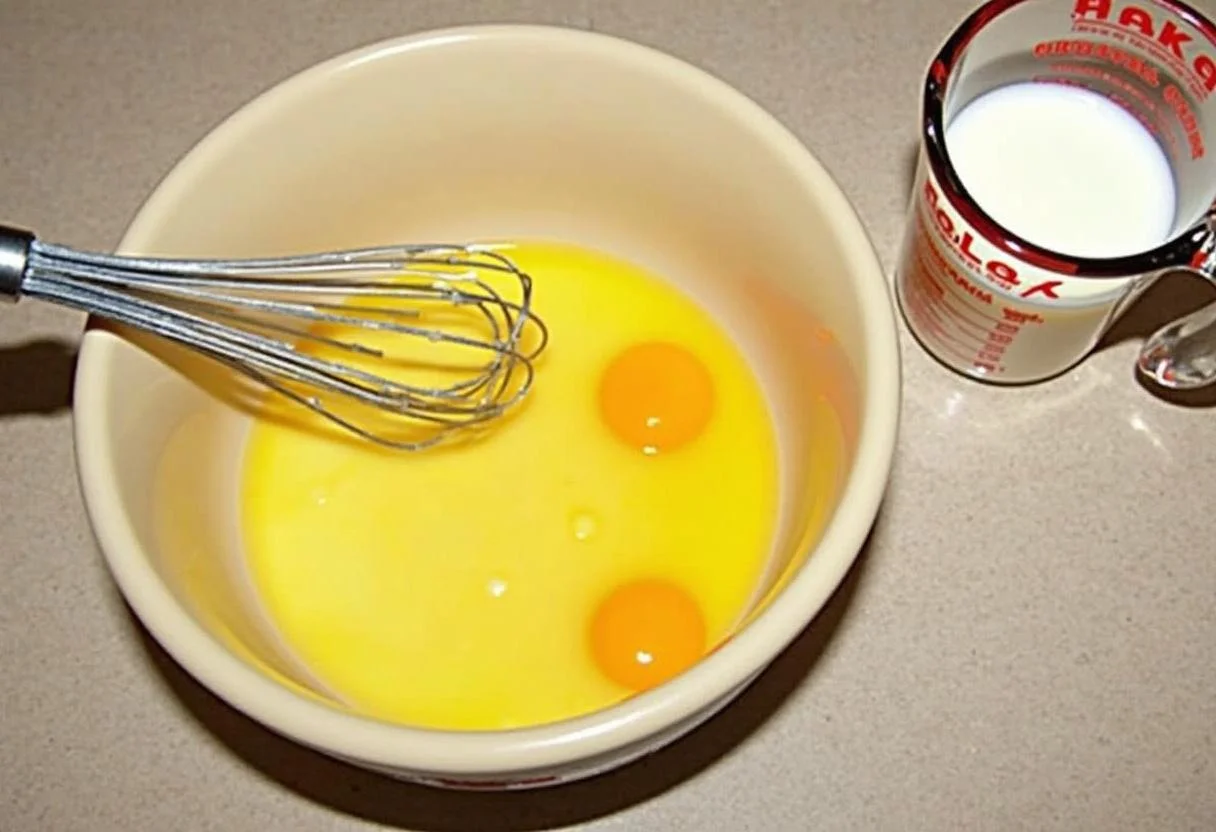 Ovos batidos e ingredientes cremosos para Pudim Abade de Priscos Sofisticado.