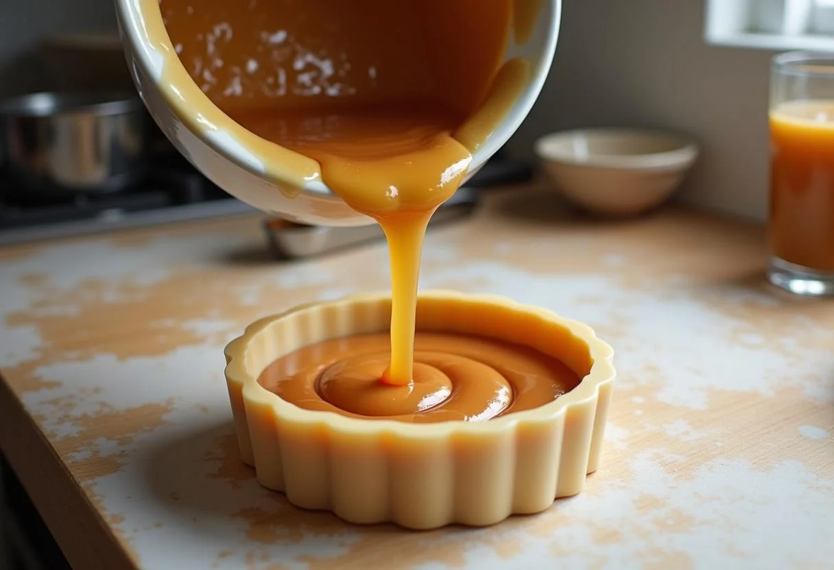 Despejando o açúcar caramelizado numa forma para a preparação do Pudim Abade de Priscos Sofisticado.