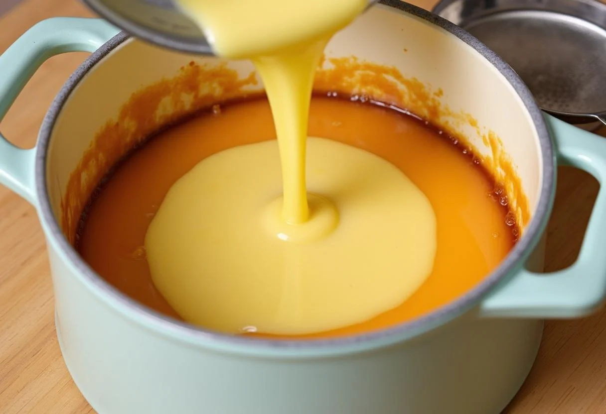 Despejando a mistura cremosa do pudim na forma forrada com caramelo para o Pudim Abade de Priscos Sofisticado.