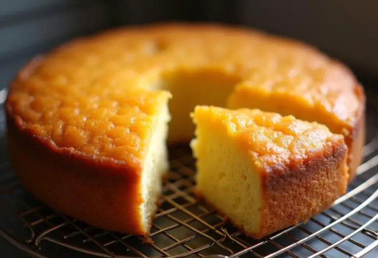 Bolo de mandioca dourado e macio, pronto para servir.
