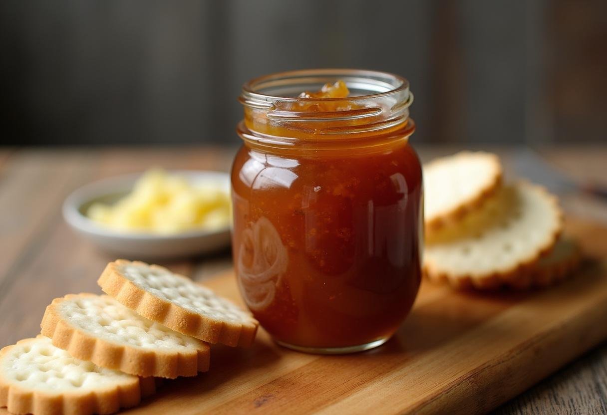 Geleia de cebola caramelizada pronta em jarra, acompanhada de queijos e biscoitos.