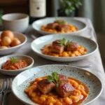 Traditional meal of Rojões à Moda do Minho with sides and wine, set for serving.