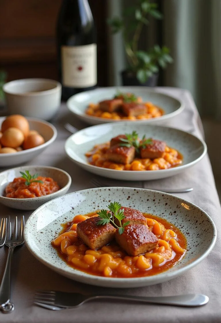 Traditional meal of Rojões à Moda do Minho with sides and wine, set for serving.