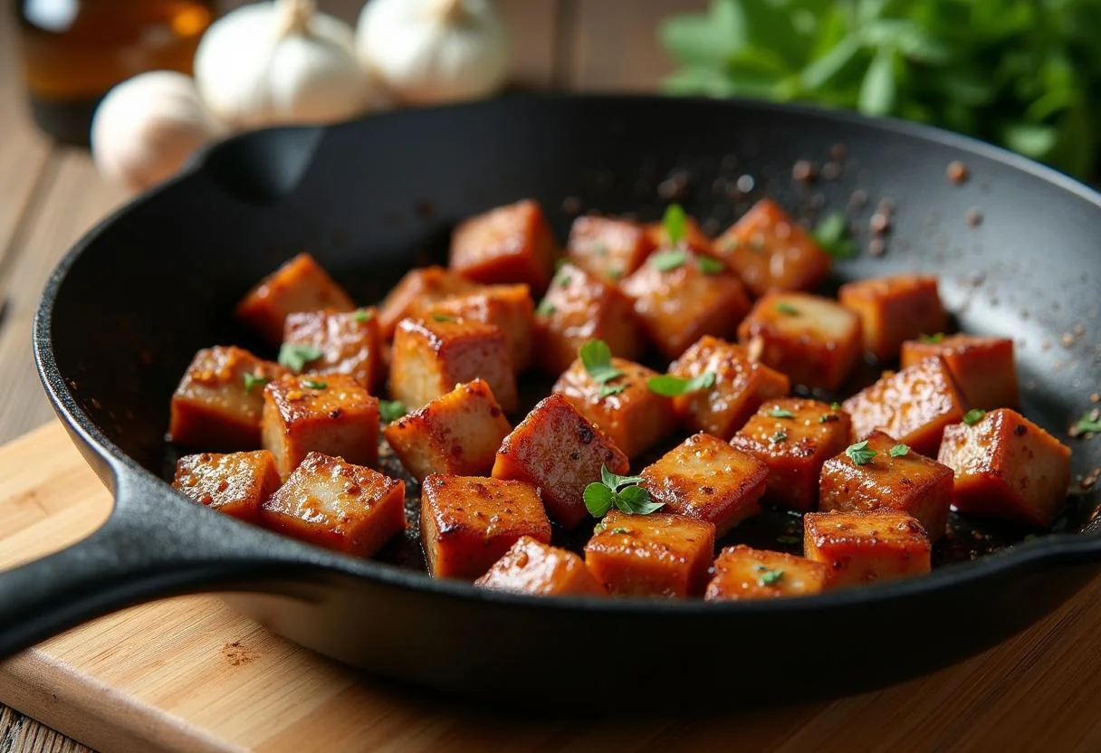 Carne de porco em cubos marinada para Rojões à Moda do Minho, rodeada de ervas frescas e alho.