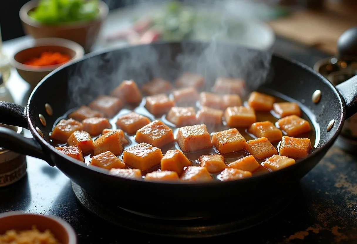 Fritar carne de porco marinada para Rojões à Moda do Minho até dourar em óleo quente.