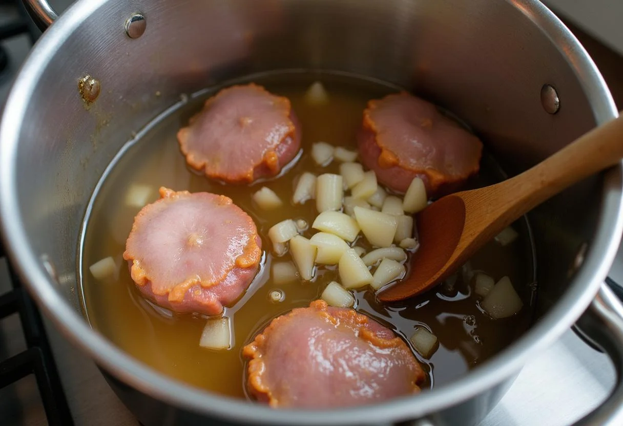 Panela de Rojões à Moda do Minho a ferver com folhas de louro e cebolas.