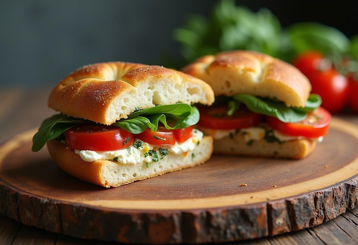 Sanduíche de focaccia com tomates assados, queijo de cabra e manjericão fresco, pronto para servir.