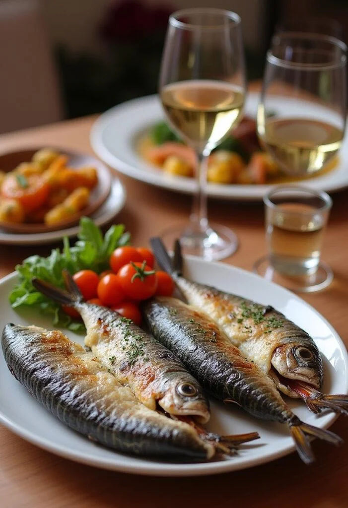 Sardinhas assadas tradicionais servidas com vegetais, destacando um jantar português autêntico.
