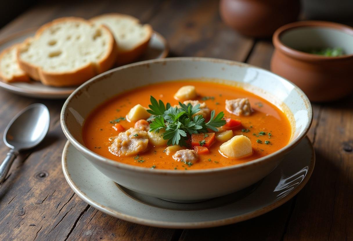 Prato final da Sopa da Pedra Sustentadora, servido com pão fresco e ervas.