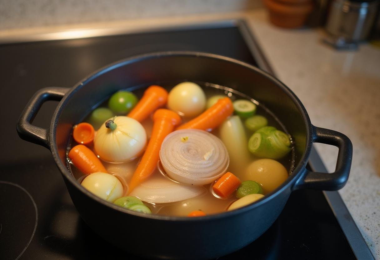 Preparação dos vegetais frescos para a Sopa da Pedra Sustentadora em uma panela.