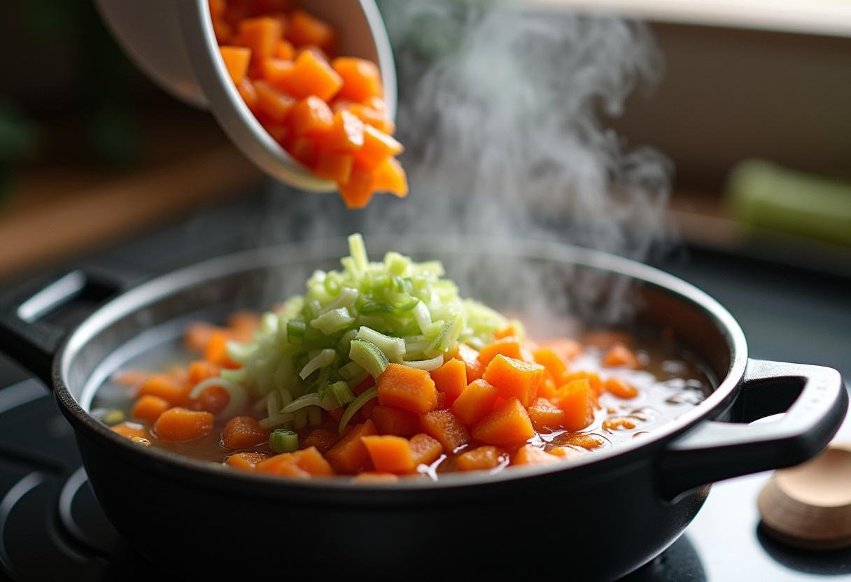 Legumes picados sendo adicionados à panela fervente da Sopa da Pedra Sustentadora.