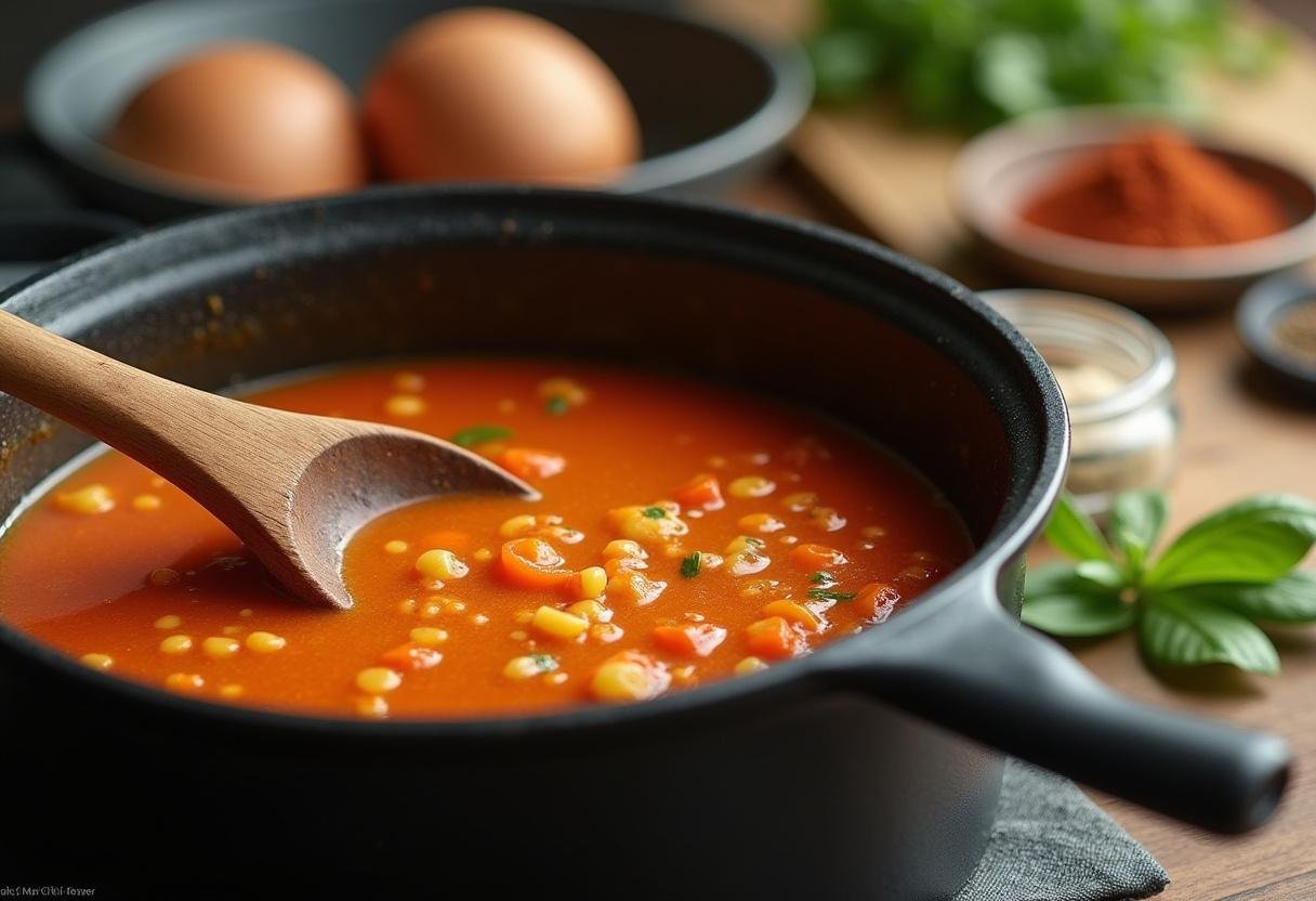 Misturando a sopa da pedra sustentaora com especiarias e ervas na panela.