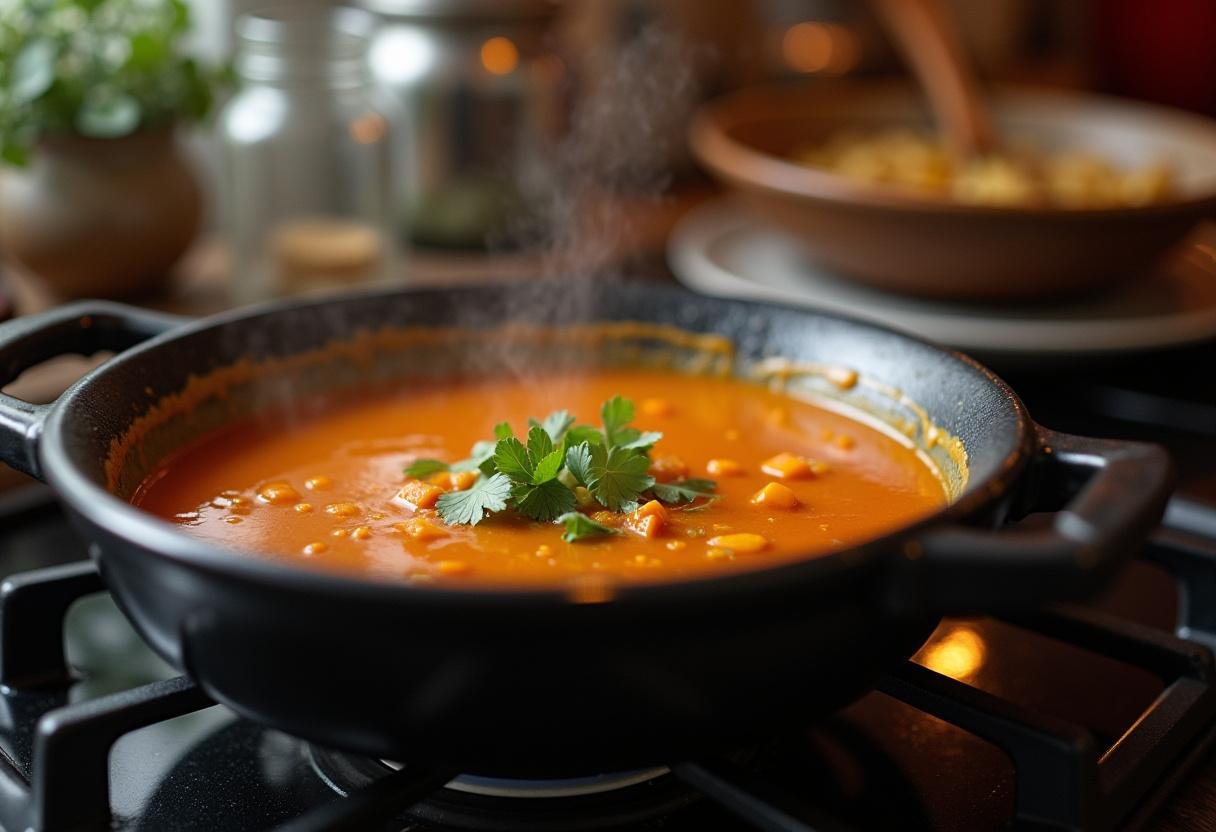 Sopa da Pedra Sustentadora cozinhando no fogão, pronta para servir em uma tigela.