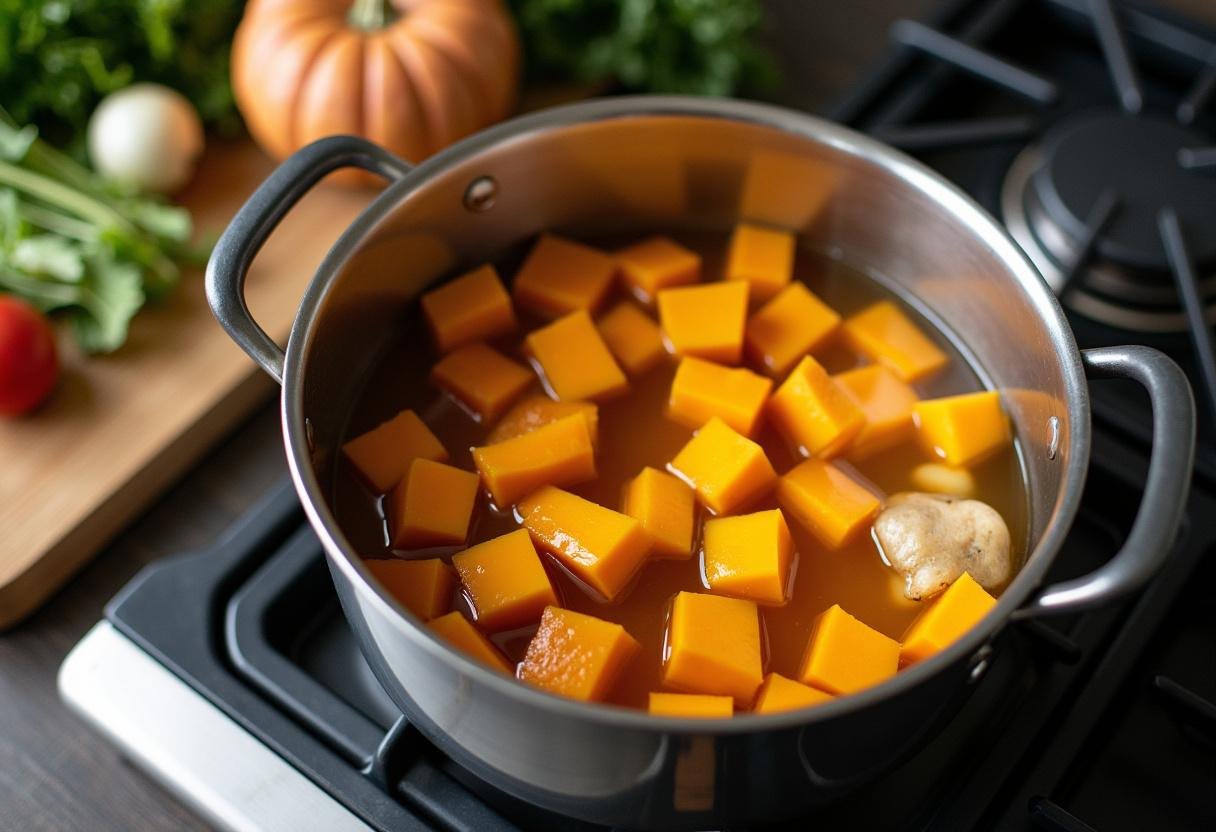 Preparação da sopa de abóbora com gengibre, legumes frescos na bancada da cozinha.