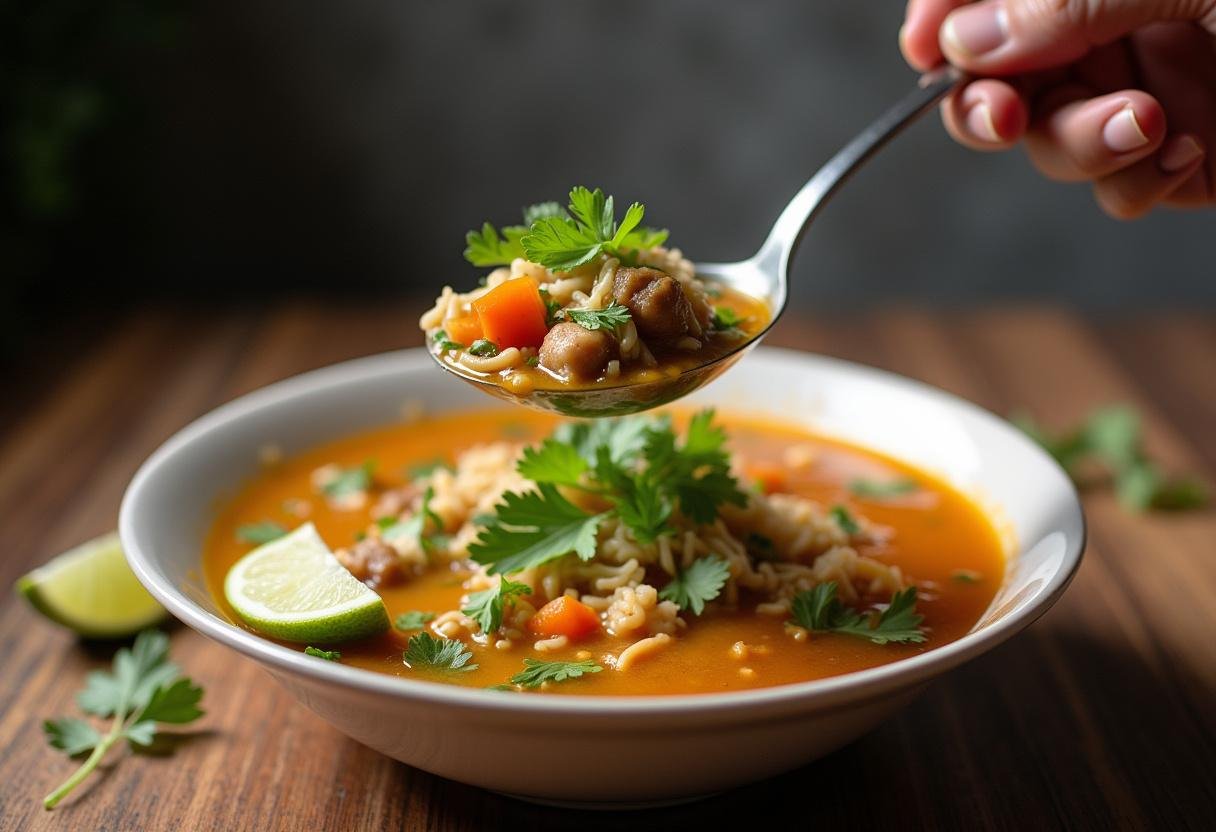 Sopa de cação sendo servida em uma tigela com coentro fresco e uma fatia de limão.