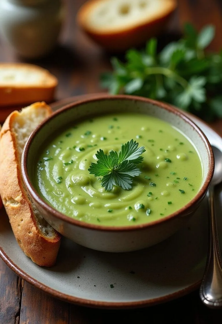 Sopa de feijão verde nutritiva servida em um prato, perfeita para uma refeição saudável.