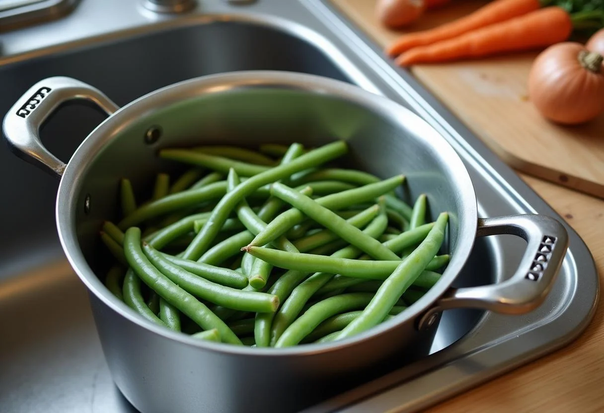 Lavando feijão verde fresco para a sopa nutritiva de feijão verde.