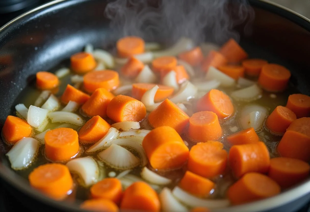Cebolas e cenouras sendo refogadas em azeite para preparar a sopa de feijão verde.